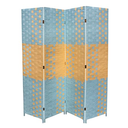 MANMADE Beach Blue-Natural Paper Straw Weave 4 Panel Screen On 2 in. H Legs, Handcrafted MA2629608